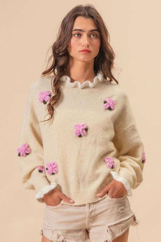 workout-ready hoodieBiBi Ruffled Crochet Flower Dropped Shoulder Sweater