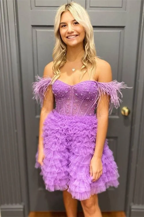 party dressA Line Off the Shoulder Light Purple Short Homecoming Dress with Feather