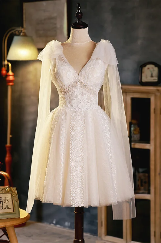 trendy dressIvory Empire Lace Bow Tie Shoulder Homecoming Dress