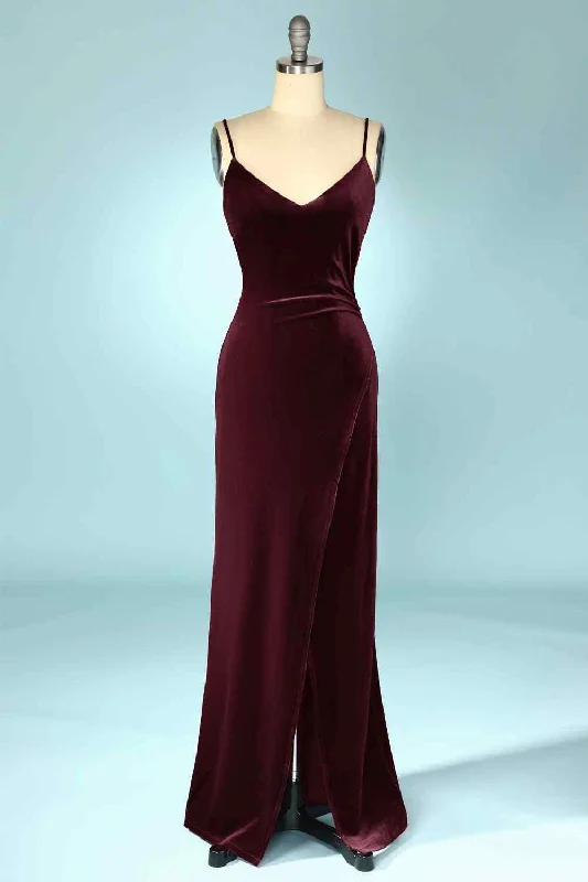 silk dressCabernet Mermaid V Neck Velvet Long Bridesmaid Dress with Slit