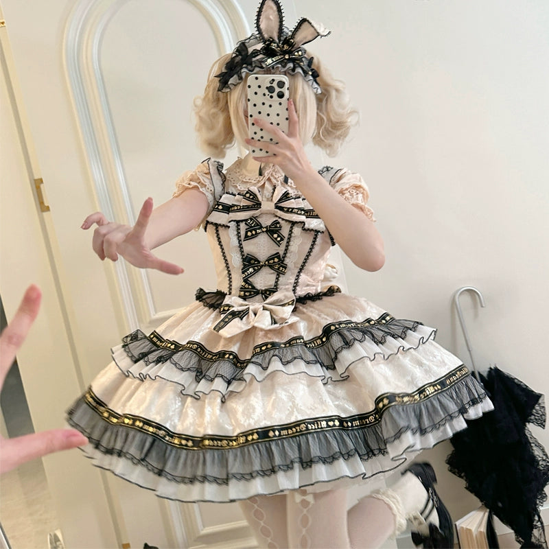 fitted cocktail dressHanguliang~Rabbit Spades~Kawaii Lolita JSK Flounce Hem Bi-color Dress