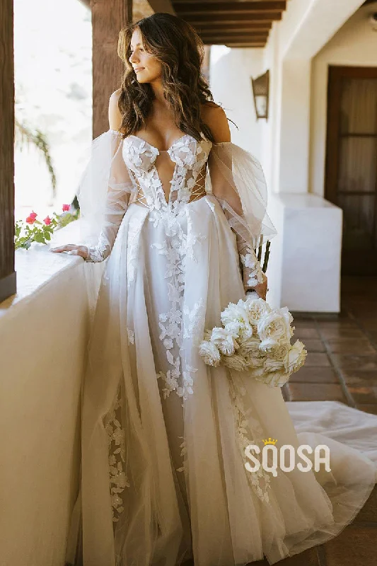 wrap-around dressA-line Off the Shoulder Long Sleeves Lace Appliques Bohemian Wedding Dress QW2457