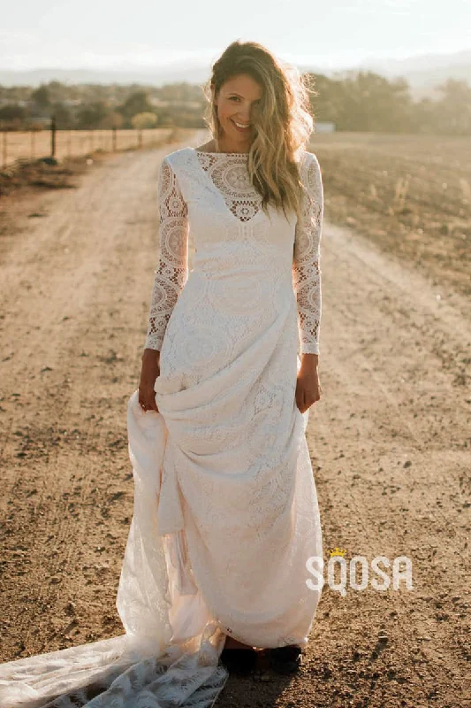 office dressIvory Exquisite Lace Long Sleeves Bohemian Wedding Dress Backless QW2486