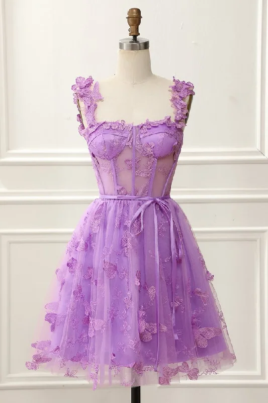 cocktail dressLilac A-line Appliques Spaghetti Strap Tulle Homecoming Dress