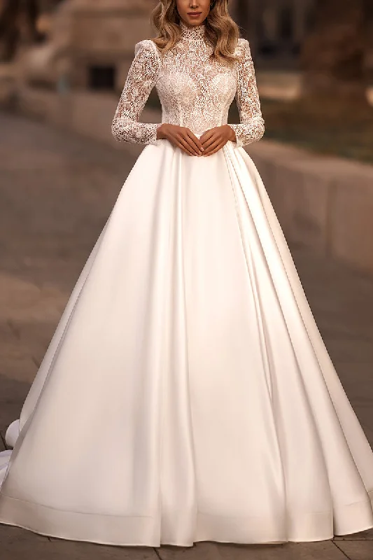 one-shoulder dressA Line Muslim High Neck Lace Long Sleeves Rustic Wedding Dress with Pockets QW0841