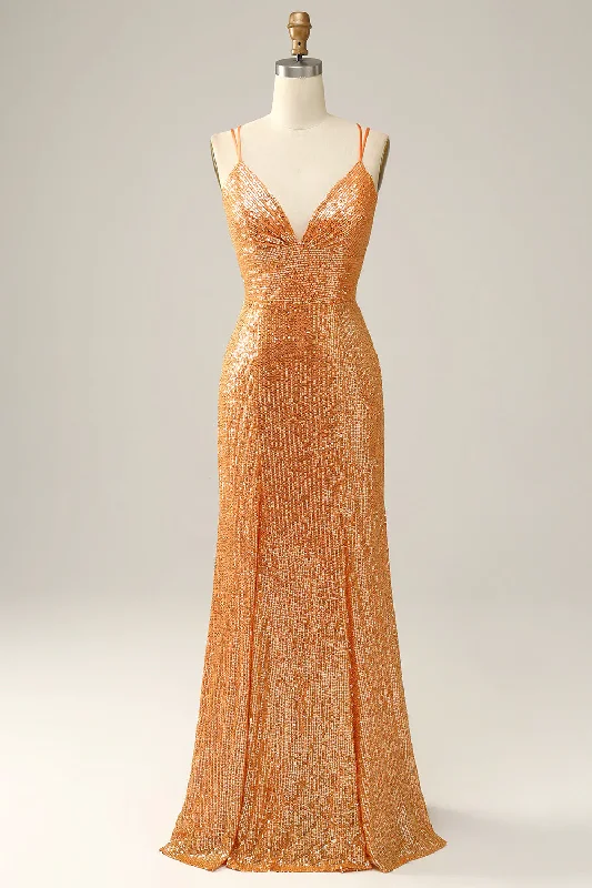 casual dressOrange Sequined Backless Mermaid Prom Dress Y2974