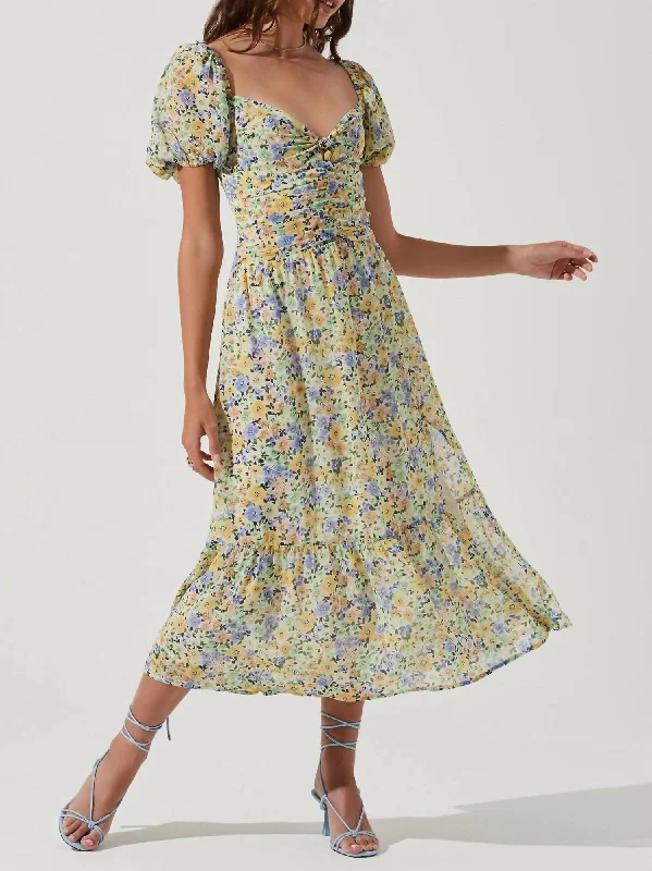 casual day dressIrma Puff Sleeve Midi Dress In Yellow/green Floral