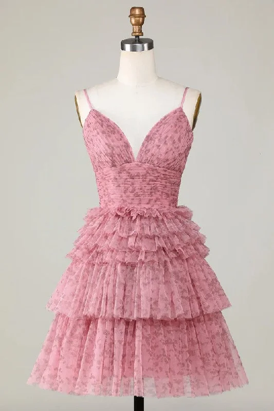 off-shoulder dressCute A Line Spaghetti Straps Blush Homecoming Dress with Ruffles