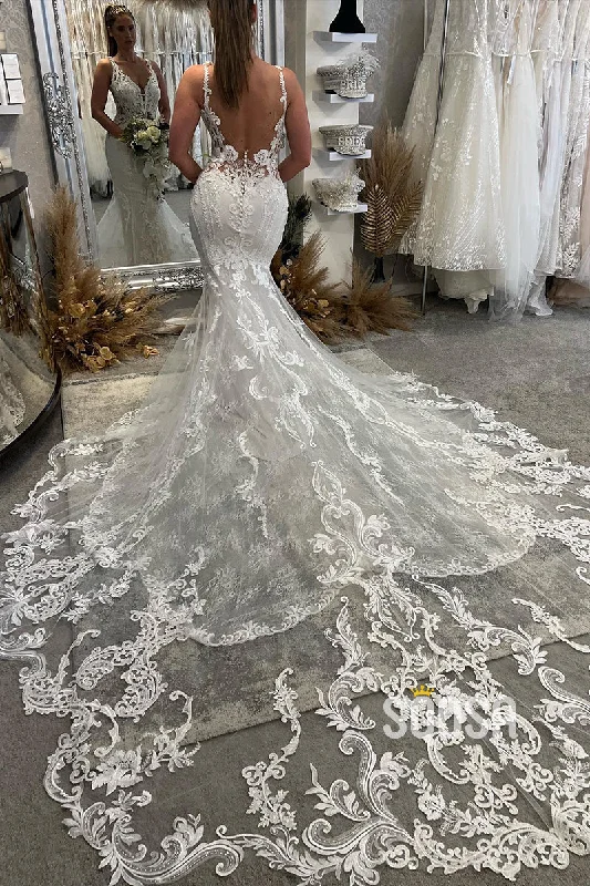 draped dressAttractive V-Neck Lace Appliques Mermaid Wedding Dress Bridal Gown QW2578