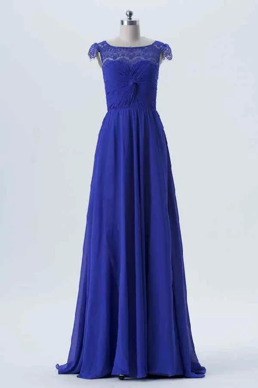 casual knit dressRoyal Blue A-line Cap Sleeves Twisted Knot Long Bridesmaid Dress