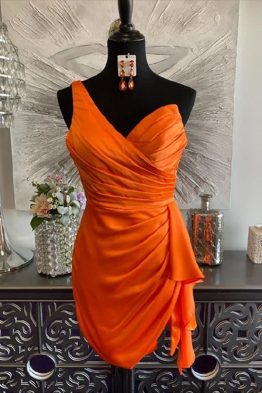 A-line dressOne Shoulder Orange Ruched Tight Short Homecoming Dress