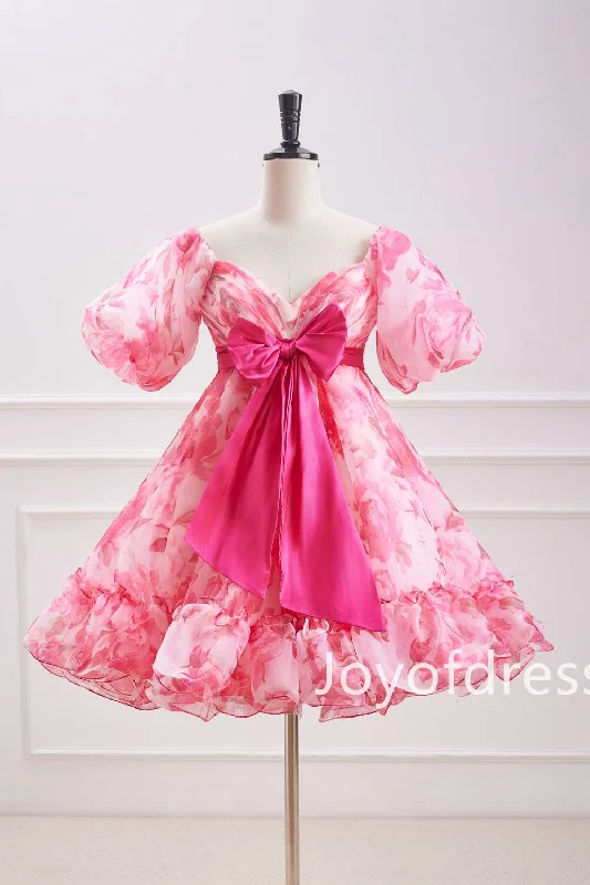 off-the-shoulder dressPink Puff Sleeves Floral Ruffle Short Homecoming Dress with Bow