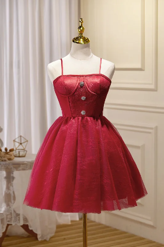 vintage-inspired dressWine Red Straps Silver Buttons Homecoming Dress