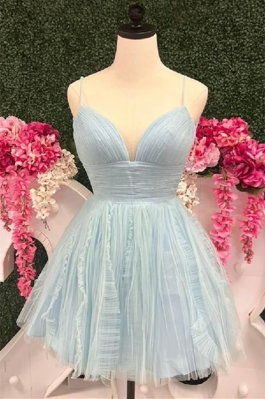 vintage-inspired dressLight Blue A-line V Neck Straps Ruffled Homecoming Dress