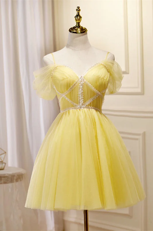 classic fit-and-flare dressYellow Off-the-Shoulder Lace Beaded Straps Homecoming Dress