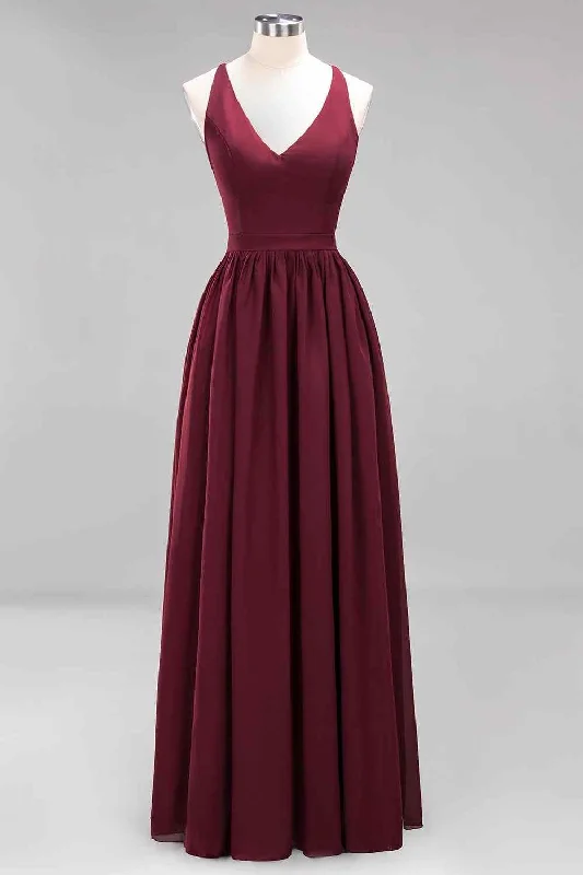 chic shift dressBurgundy A-line Sweetheart Sleeves Pleated Chiffon Long Bridesmaid Dress