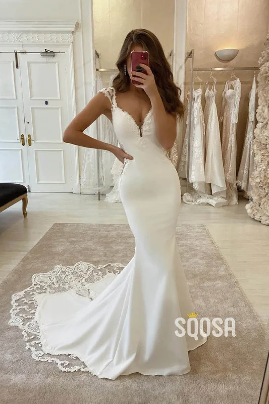 satin dressMermaid/Trumpet Wedding Dress Cap Sleeves Bohemian Wedding Gowns QW2279