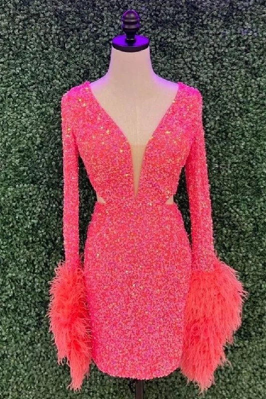 wool dressHot Pink Deep V Long Sleeves Sequins Homecoming Dress with Feathers