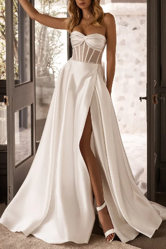 silk dressA line Sweetheart High Split Satin Wedding Dress with Pockets QW0833