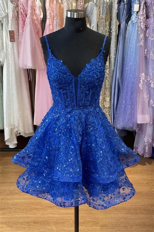 lace dressPlunging Neck Royal Blue Sequin Corset A-Line Tiered Short Party Dress