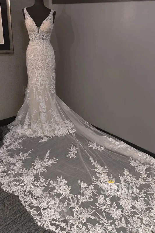 casual day dressUnique V-neck Lace Appliques Beaded Mermaid/Trumpet Wedding Dress QW2173