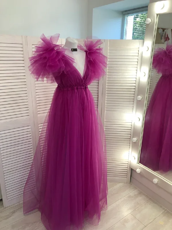 formal dressFuchsia A-line V Neck Tulle Prom Dress  Y2759