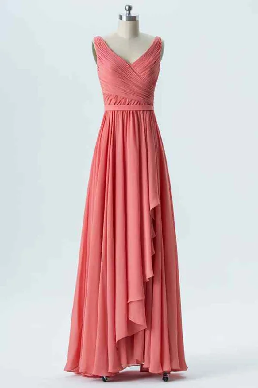 ruffle dressWatermelon A-line V Neck Chiffon Pleated Ruffle Long Bridesmaid Dress