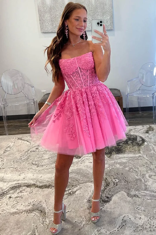 ruffle dressStrapless Hot Pink A-Line Short Party Dress with Appliques Y2784