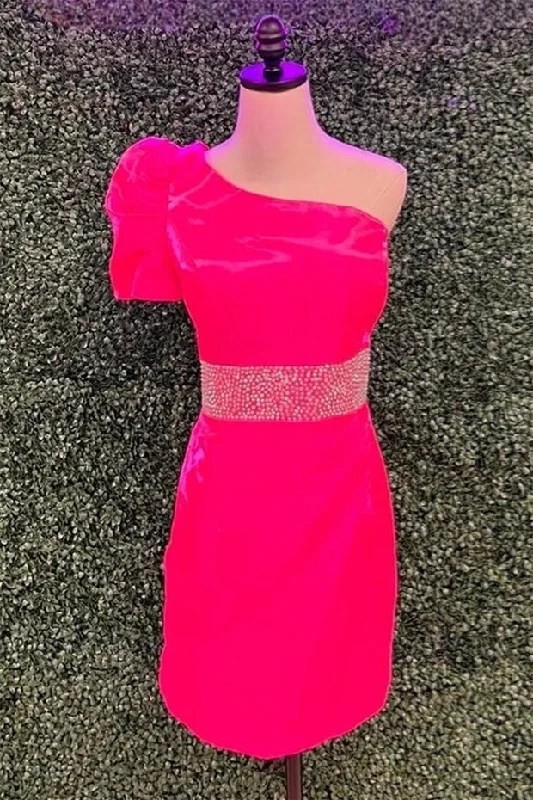 cocktail party dressHot Pink One Shoulder Puff Sleeve Sheath Satin Beaded Homecoming Dress