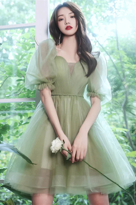 printed dressSage Green Puff Sleeves Tulle Lace-Up Homecoming Dress