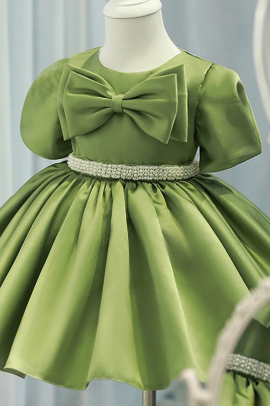 ruched dressBall Gown Green Satin Cute Flower Girl Dress Bow First Communion Dress QF1032