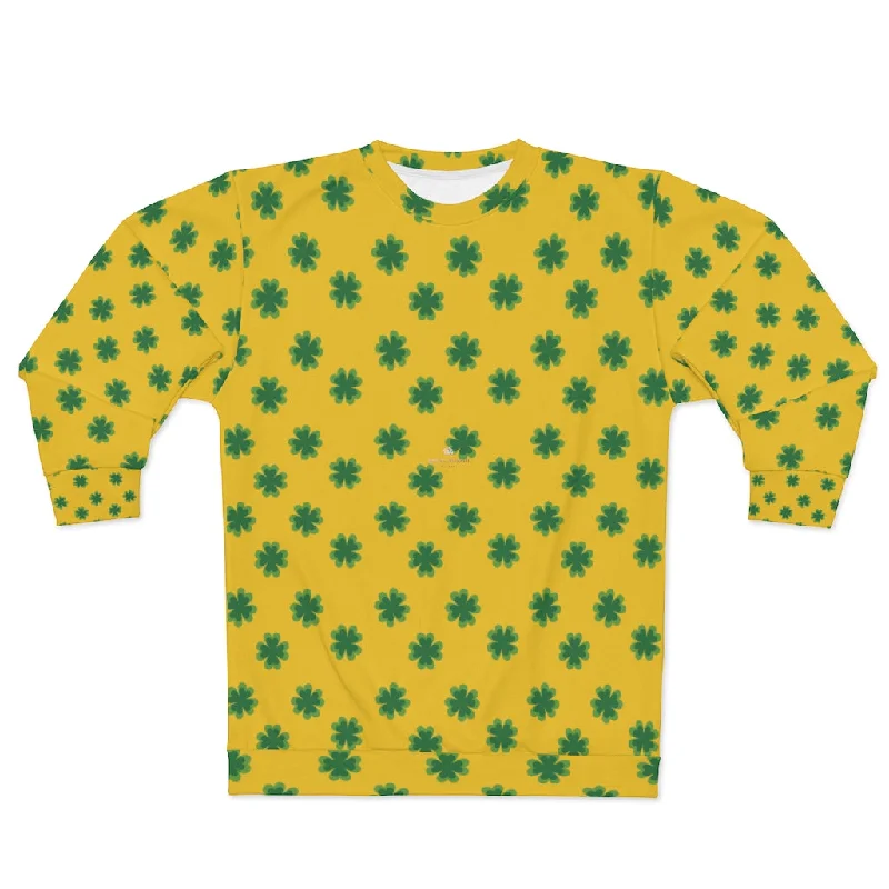 modern sports hoodieYellow St. Patty's Day Sweatshirt, Yellow St. Patrick's Day Green Clover Print Unisex Couple's Designer Sweatshirt- Made in USA