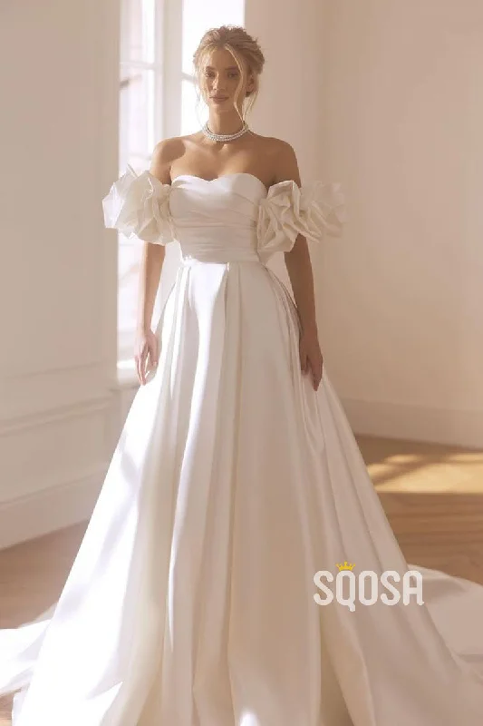 cocktail dressA-Line Floral Off-Shoulder Satin Casual Wedding Dress Bridal Gowns With Train QW8044