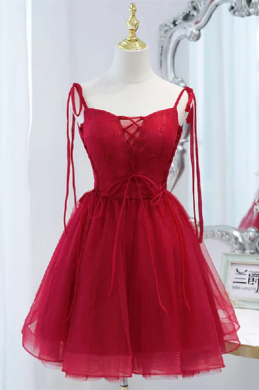 modern dressWine Red Bow Tie Lace-Up Deep V Beaded Homecoming Dress