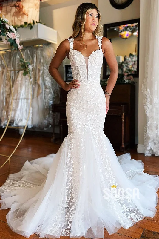 denim dressPlunging V-Neck Lace Appliques Mermaid Wedding Dress QW2388