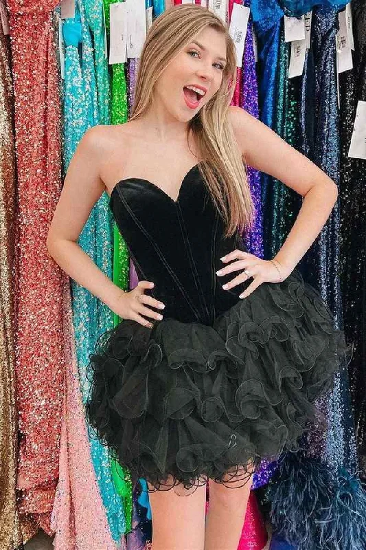 winter dressBlack Strapless Velvet Corset Top and Ruffled Homecoming Dress