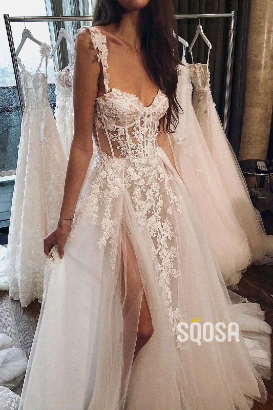 flowy evening dressDouble Straps Lace Appliques Bohemian Wedding Dress Bridal Gown QW0845