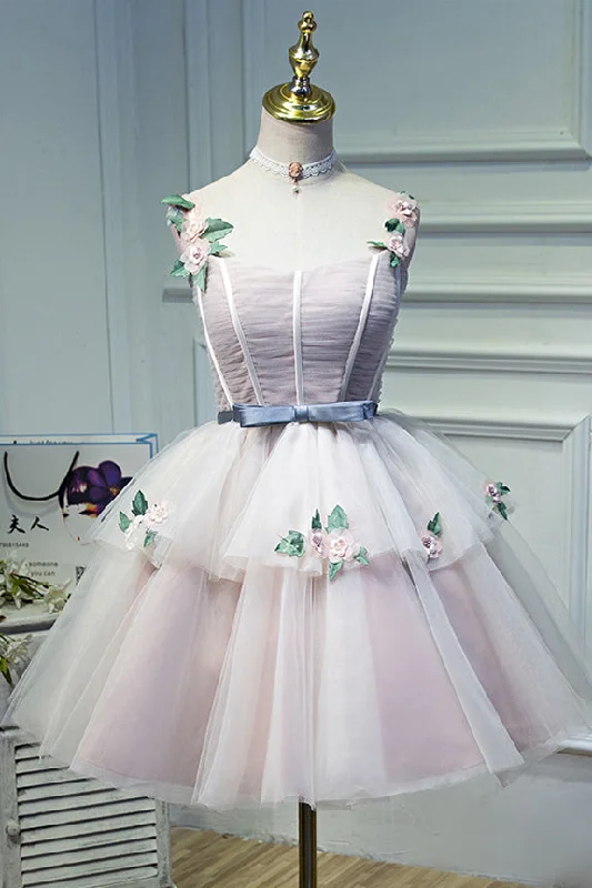 off-the-shoulder dressPink Flower Straps Multi-Layers Appliques Tulle Homecoming Dress