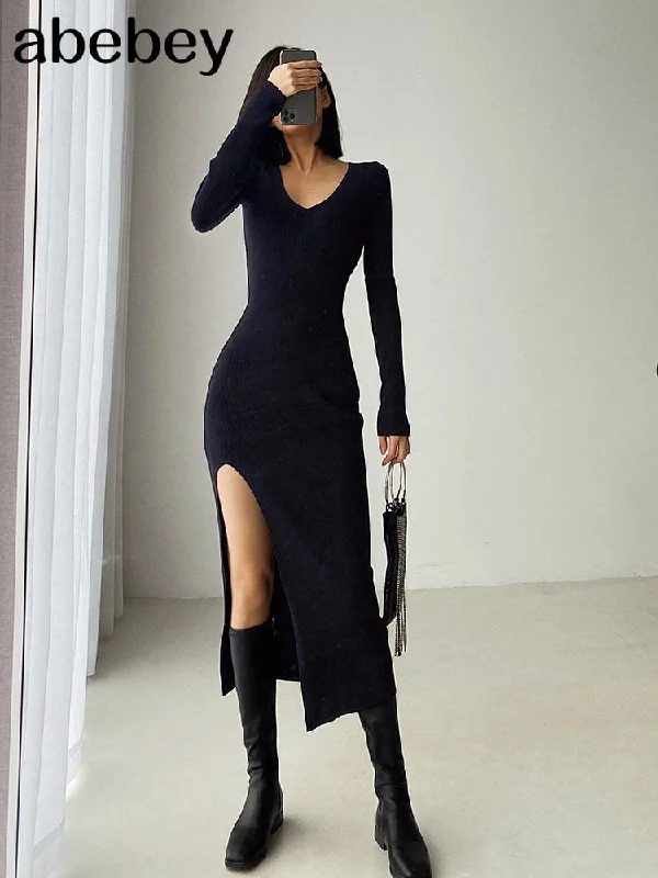 street style coatspring and winter sexy French slit sweater dress female slim tight-fitting hip-knit over-the-knee dresses