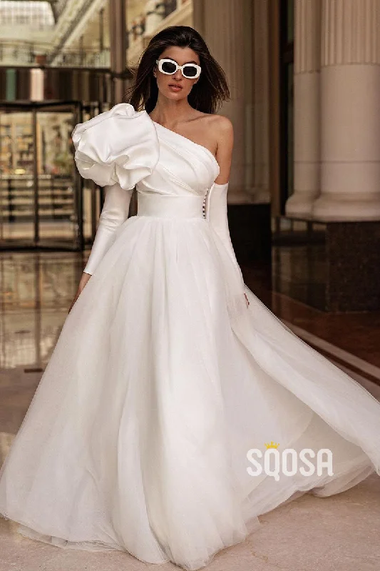 evening dressA Line One Shoulder Long Sleeves Satin Elegant Wedding Dress QW2404