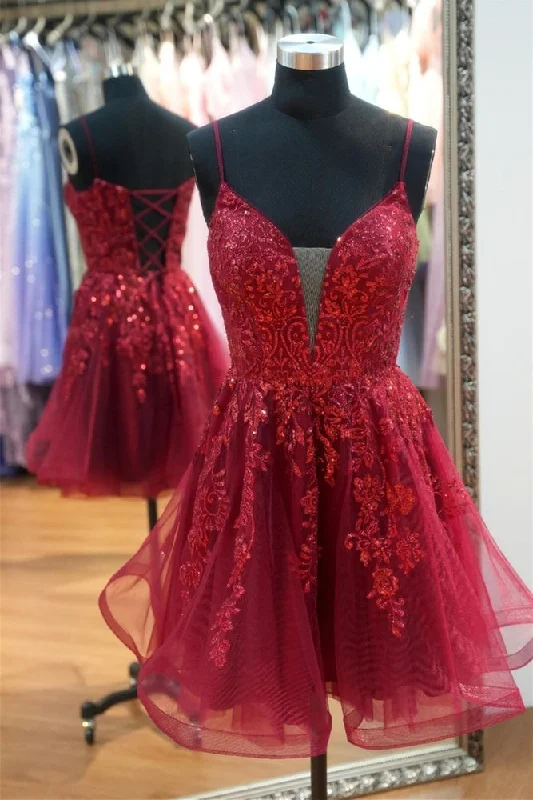 stylish party dressRed Sweetheart A-line Spaghetti Strap Sequin Tulle Homecoming Dress