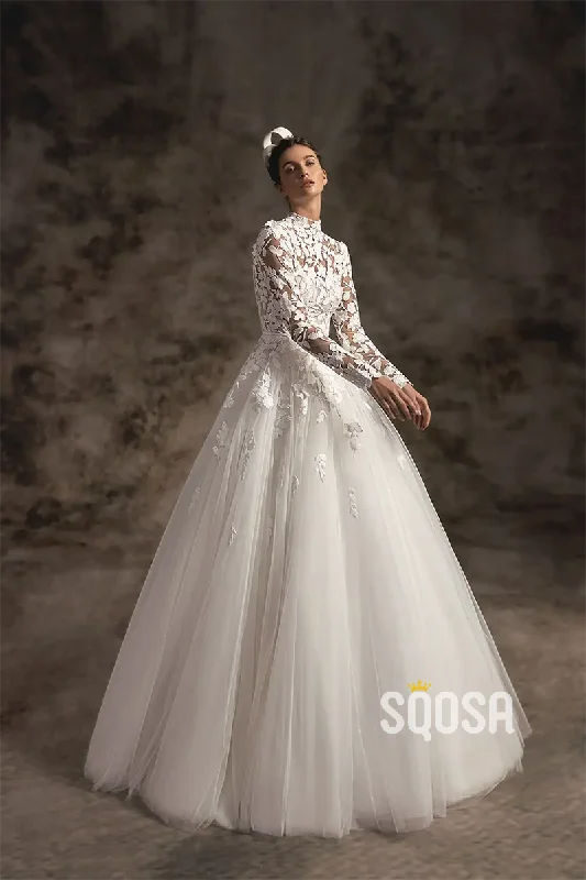 casual knit dressA Line High Neck Lace Long Sleeves Vintage Wedding Dress QW2328