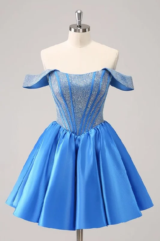 casual day dressSparkly Blue A-Line Off the Shoulder Beaded Satin Homecoming Dress