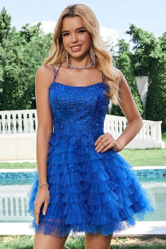 summer floral dressBlue Tiered Cute A Line Spaghetti Straps Homecoming Dress with Ruffles