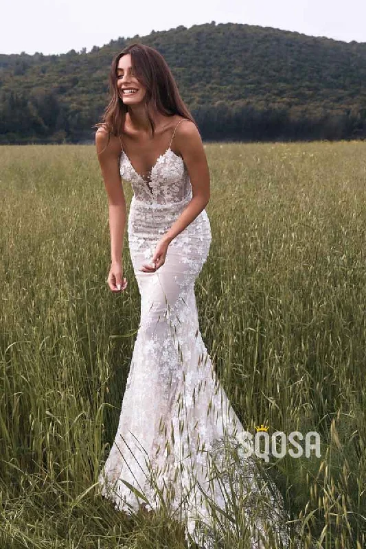 long sleeve dressSexy V neck Romantic Lace Wedding Dress Backless Mermaid Wedding Gown QW0954