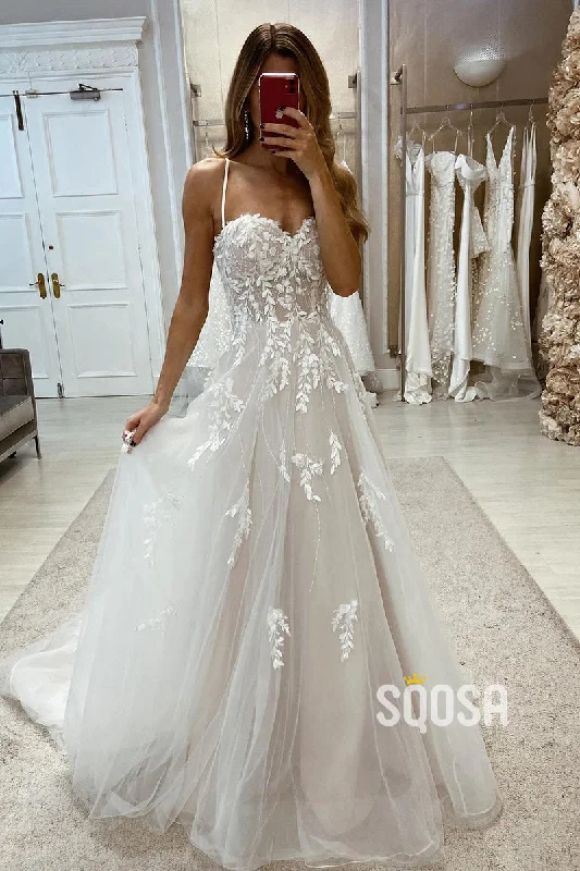 trendy bodycon dressSweetheart Spaghetti Straps Tulle A-Line Lace Applique With Train Wedding Dress QW8101