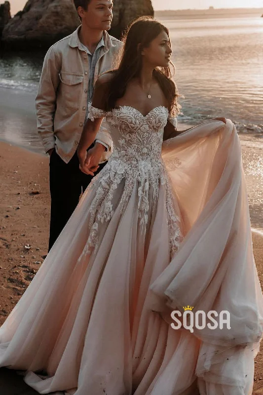 evening dressUnique Off the Shoulder Lace Appliques Bohemian Wedding Dress QW2170