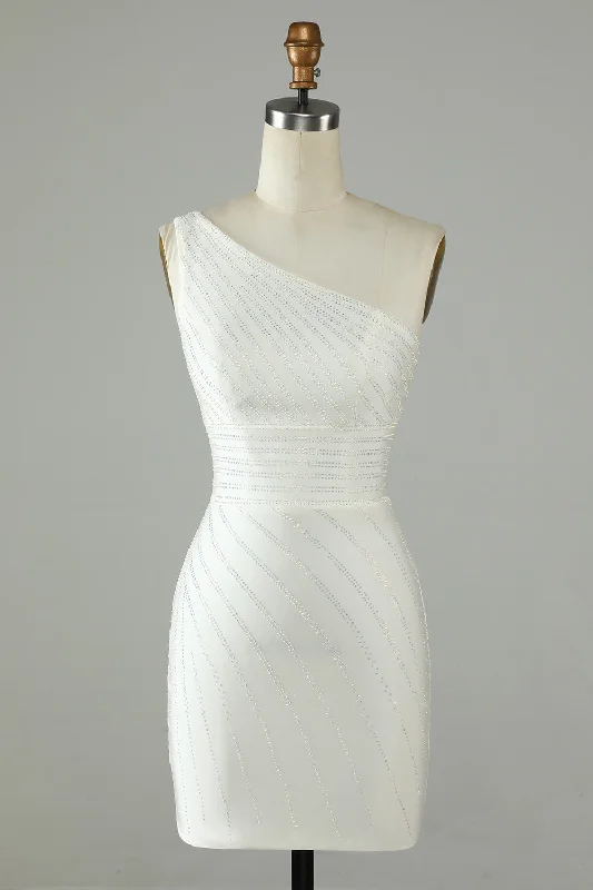 chic wrap dressWhite One Shoulder Beaded Sheath Homecoming Dress