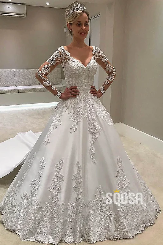 sleek dressA-line Chic Illusion Long Sleeves Satin Appliques Rustic Wedding Dress with Detachable Train QW2260