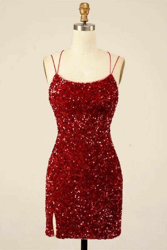 fitted cocktail dressWine Red Sequins Lace-Up Sheath Homecoming Dress with Slit